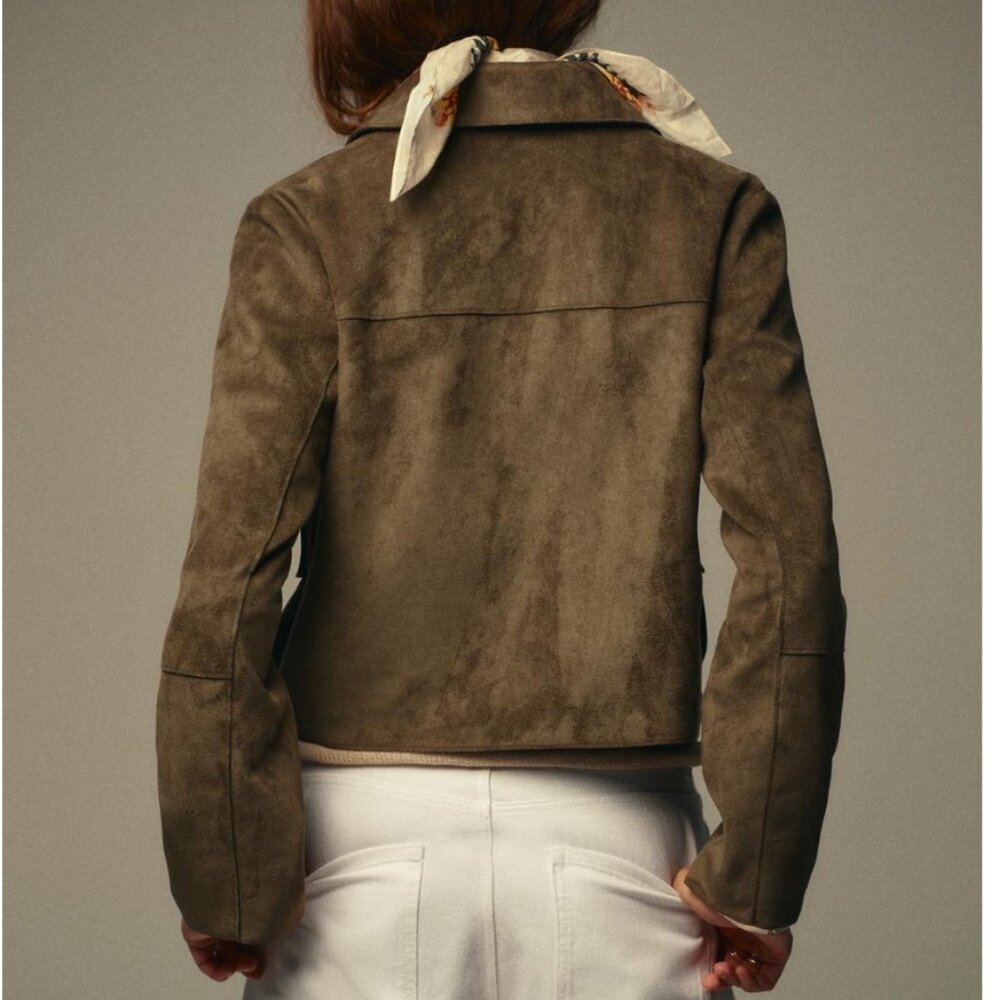 Zara Short Faux Suede Jacket, Khaki, Size M - Picture 5 of 8